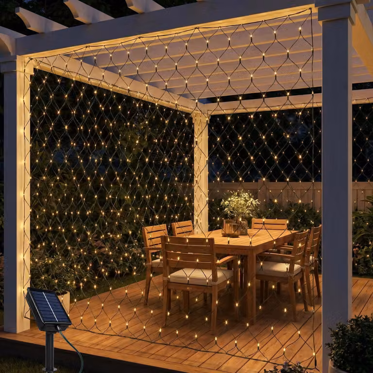 Illuminazione solare, dimensioni 2x2 metri, 144 LED, 8 modalità, luce bianco caldo, grado di protezione IP65