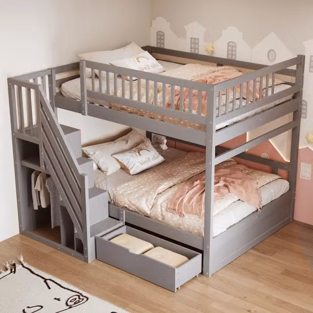 Letto a castello 140×200 cm 2 posti, scala con vani, cassetti e sponde alte, senza materasso, grigio