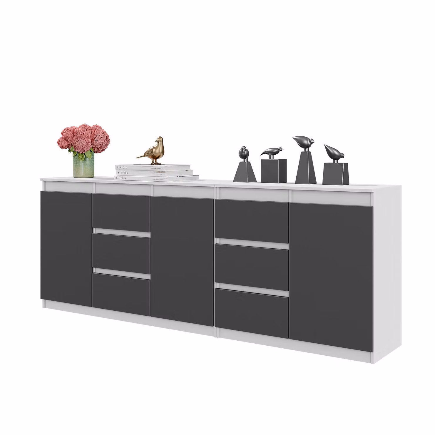 CASSETTIERA 200 CM - Bianco Opaco / Antracite, 6 Cassetti, 3 Porte, 3 Ripiani, Set Di Due Kommode, Per Soggiorno