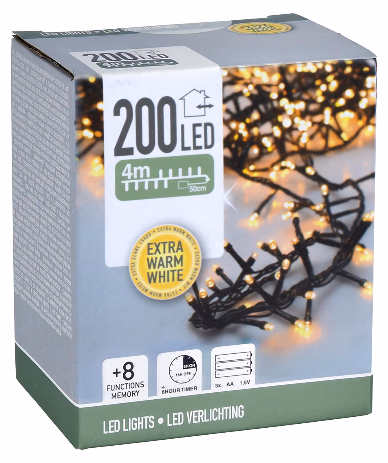 Catena luminosa a LED, 200 LED di colore bianco caldo intenso, lunghezza 4 metri, 8 funzioni