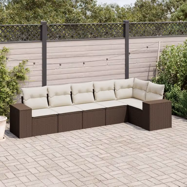 vidaXL Set Divano da Giardino a L 6 pz in Polyrattan Marrone e Bianco con Cuscini Imbottiti e Rivestimenti Rimovibili