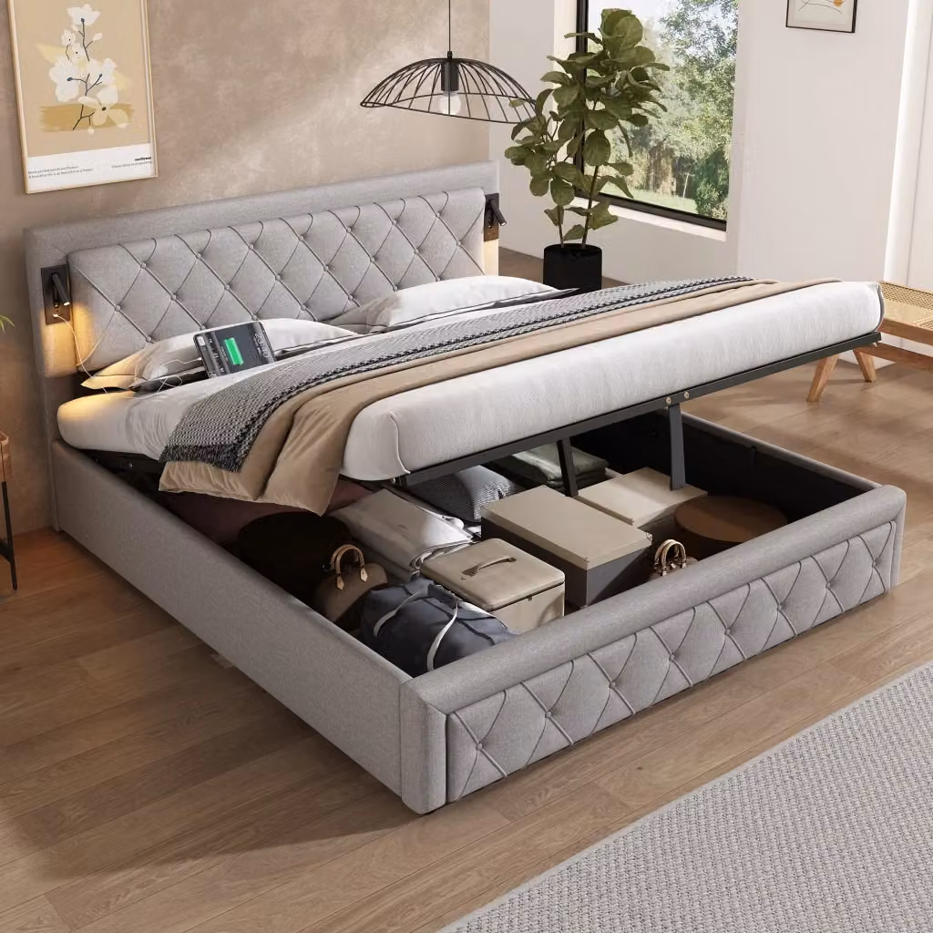 Letto contenitore Mivray con struttura idraulica, rivestimento in tessuto grigio, testiera imbottita con porta USB e illuminazione sottostante – 2