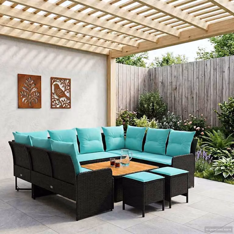 Set di mobili da giardino e terrazzo vidaXL 8 pz in rattan PE nero e turchese con struttura in legno di acacia e metallo
