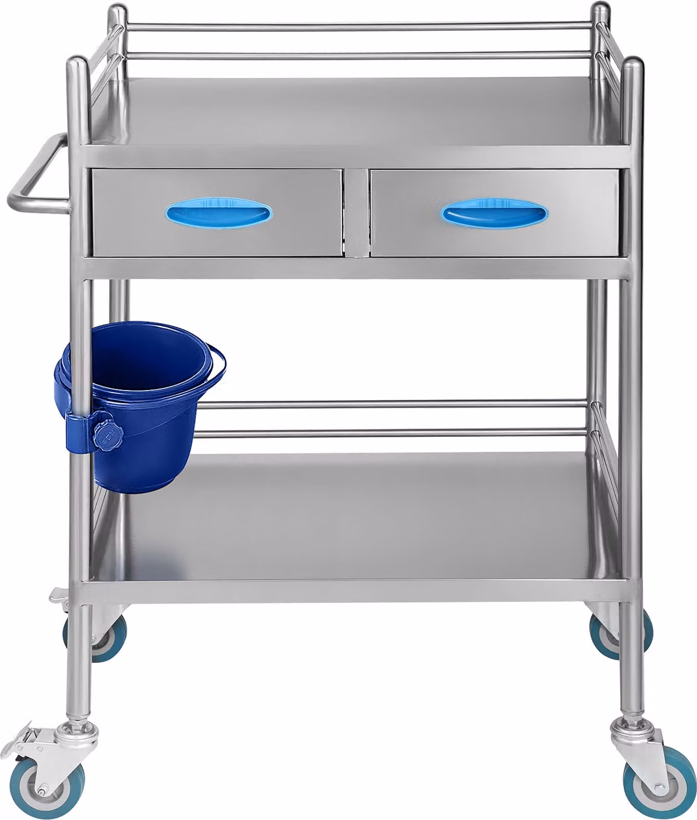 SucceBuy carrello di servizio da laboratorio, carrello in acciaio inox a 2 strati, carrello per medicinali con due cassetti, carrello dentale con ruote bloccabili e secchio, per laboratorio, ospedale, uso dentale