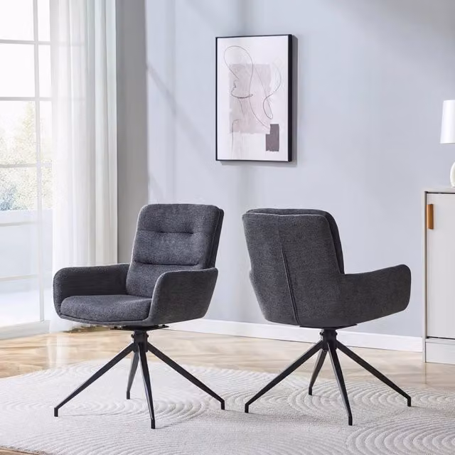 Sedia da sala da pranzo girevole 360 OKWISH con schienale imbottito e braccioli in tessuto grigio e nero con base in metallo nero opaco