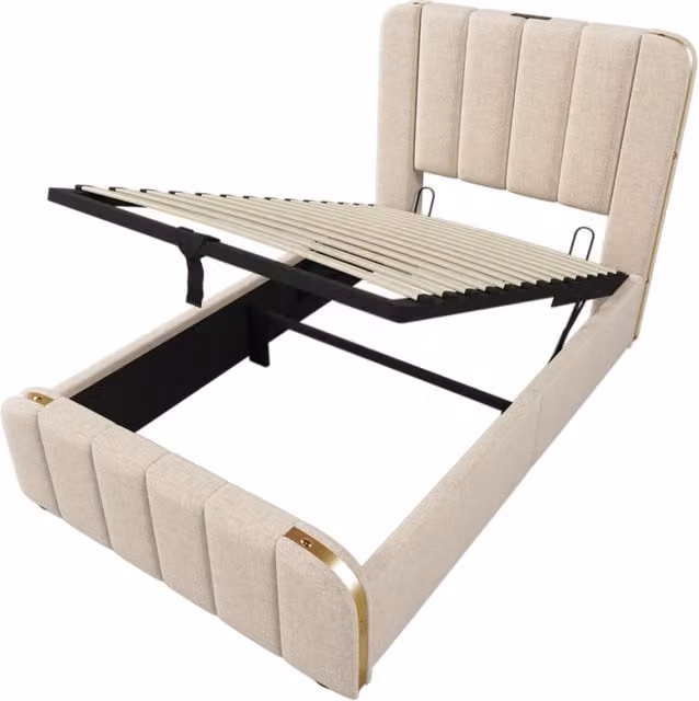 Letto Singolo Imbottito 90x200 cm con Testiera in Lino Beige, Strisce Dorate e Funzione di Ricarica USB Tipo-C, Contenitore Idraulico Incluso
