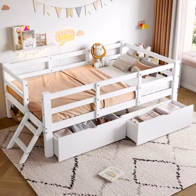 Letto a piattaforma 90x200 cm con sponde e 2 cassetti; bianco