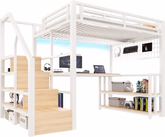 Letto a Soppalco Moderno Bianco con Scrivania, Ripiano, Illuminazione LED e Porte USB/Type-C, L/P: 140 x 200 cm – 1