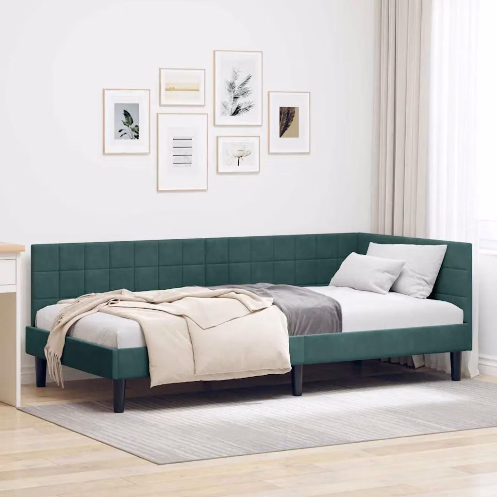 Cornice del letto ad angolo vidaXL in velluto verde con doghe in legno, L/P/H: 200 x 90 x 72 cm