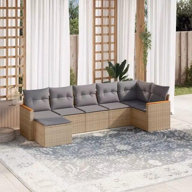 Set Divani da Giardino 7 pz con Cuscini Beige in Polyrattan 3258594