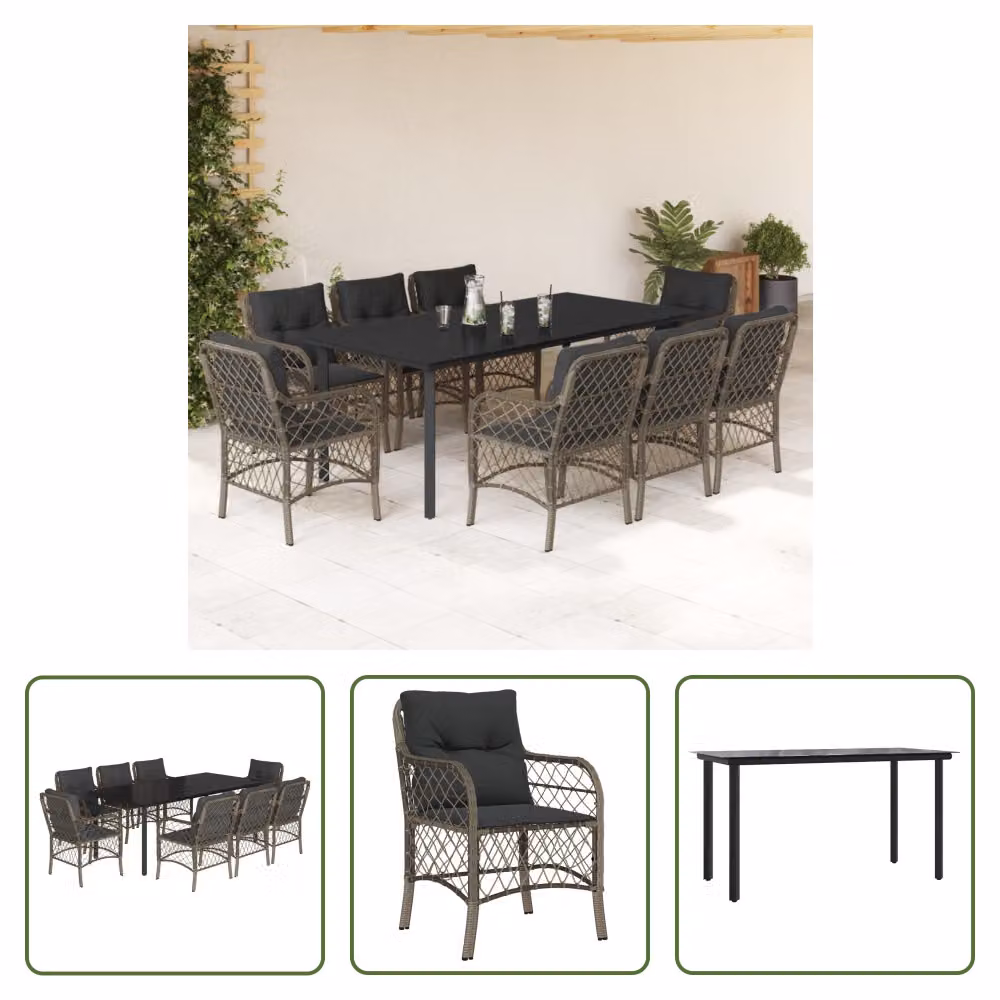 The Living Store Set da pranzo da giardino 9 pezzi con cuscini in poly rattan grigio