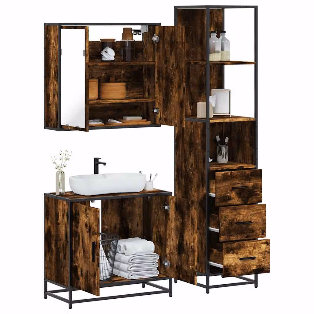Set di mobili da bagno industrial vidaXL in legno e metallo marrone composto da 3 pezzi con armadietto specchio, mobile lavabo e colonna alta
