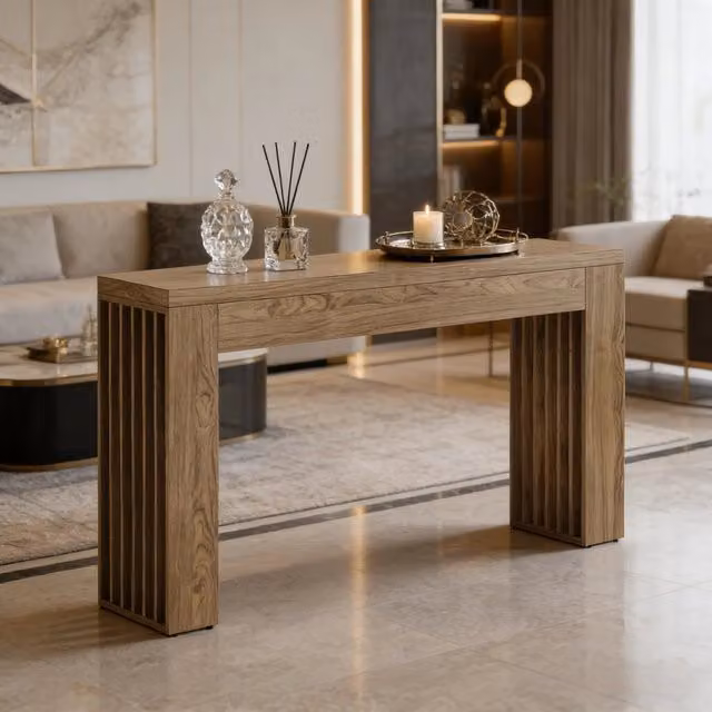 Consolle OKWISH in MDF marrone stile farmhouse per ingresso, soggiorno o sala da pranzo con finitura opaca e dettagli rustici – 1