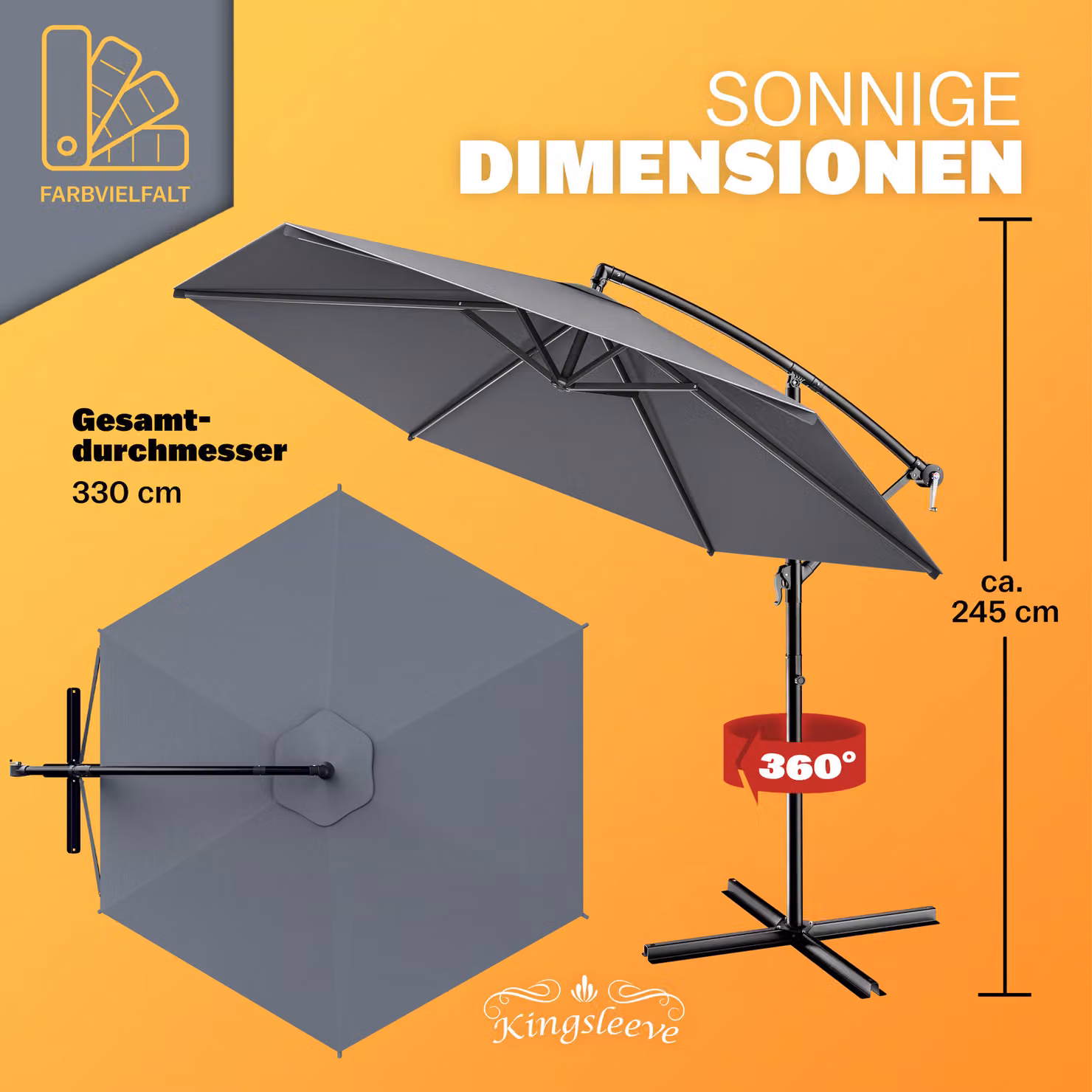 Ombrellone decentrato Kingsleeve® in alluminio e poliestere antracite con protezione UV50+, Ø 330 cm, H 240 cm – 3