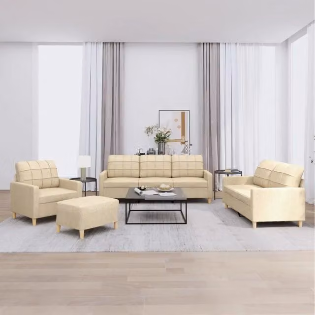Set di divani 4 pezzi vidaXL in tessuto beige con pouf e cuscini per soggiorno in stile moderno – 1