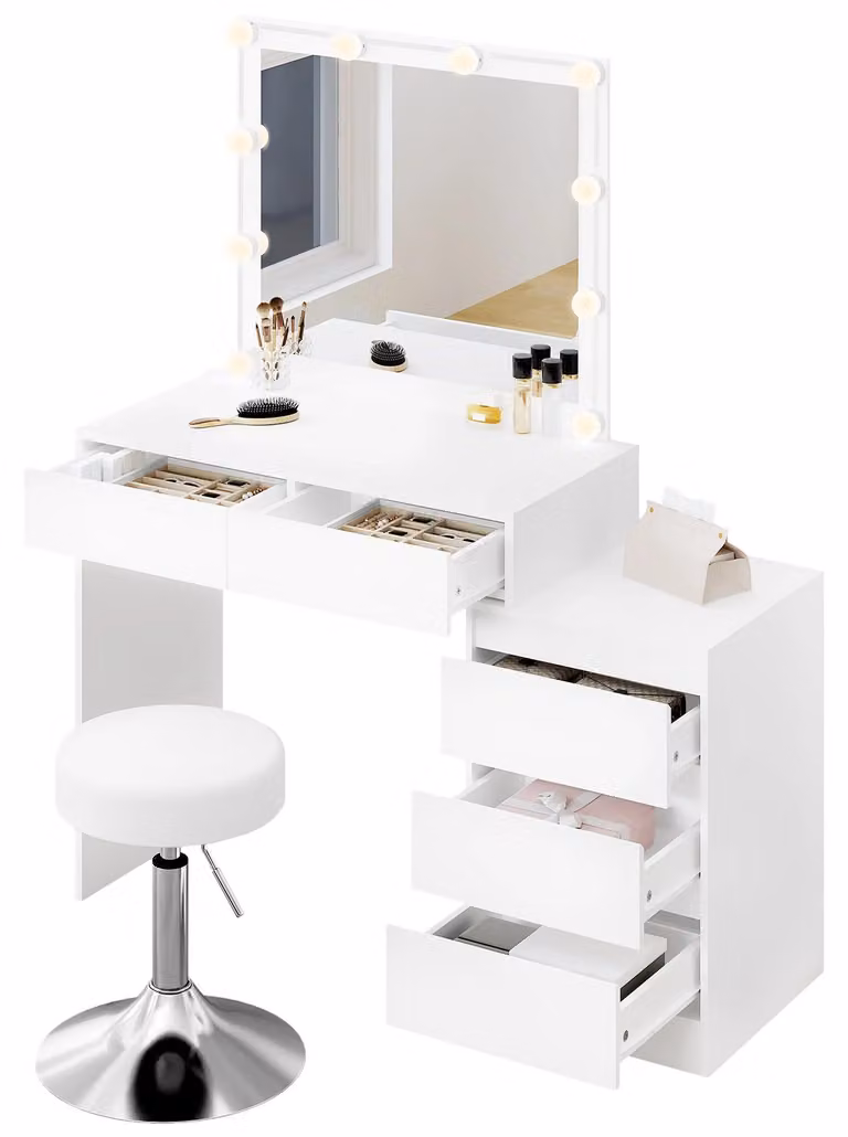 Tavolino da trucco - Specchiera da trucco - Comodino - Mobiletto bagno - Tavolino per il trucco - Specchio con luci LED dimmerabili - Sgabello regolabile