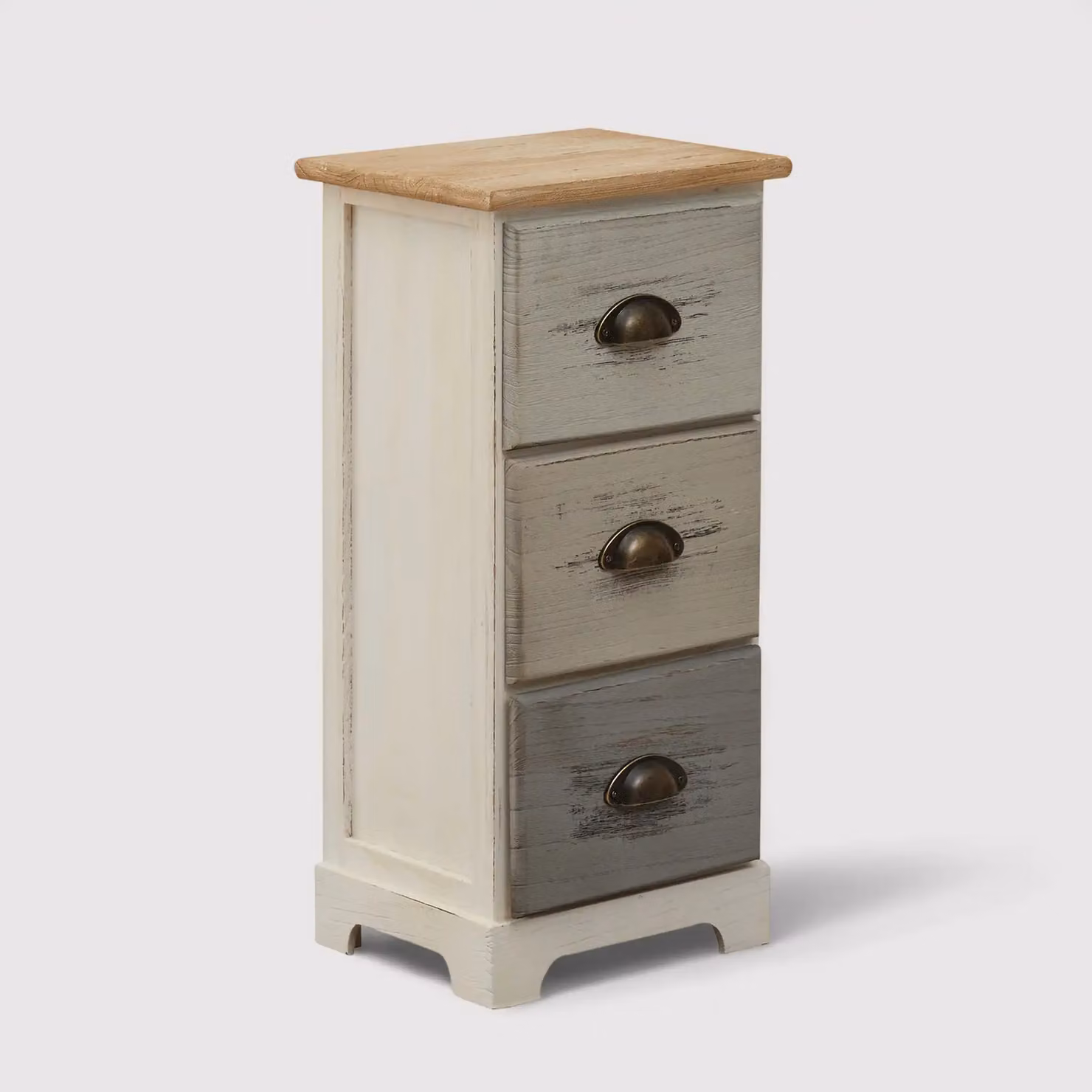 Muschio - Comodino shabby a 3 cassetti con pomelli anticati