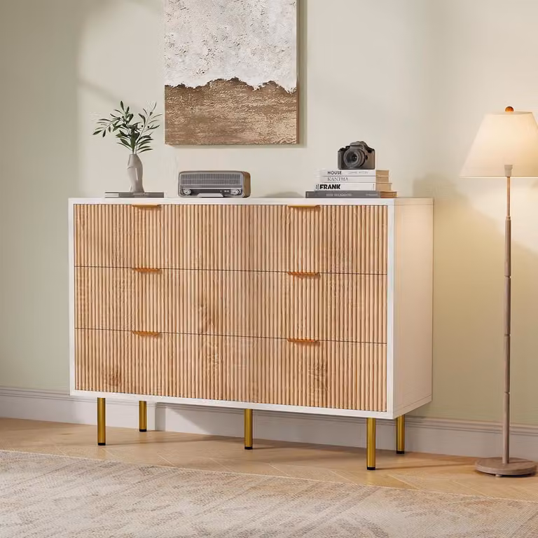 Comodino con 6 cassetti, dimensioni 100 x 34 x 73 cm, colore bianco/effetto legno