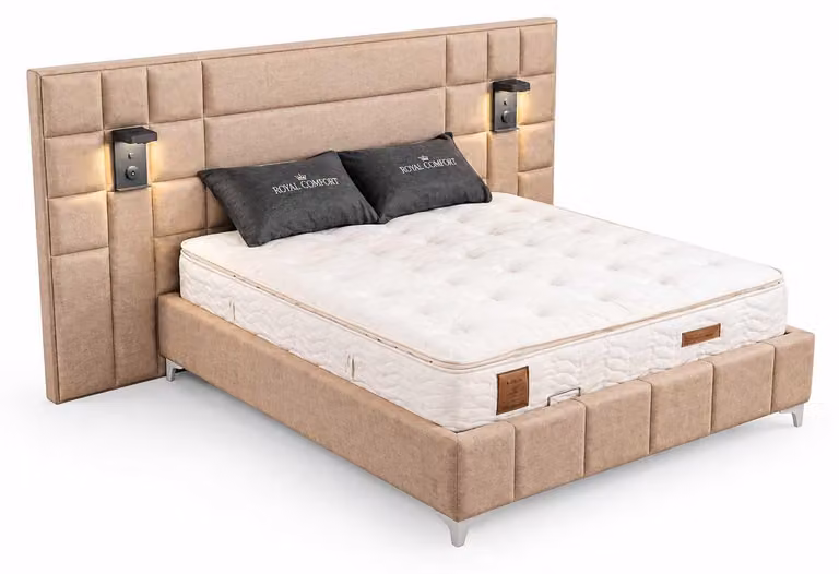 Letto imbottito beige, lussuoso, con lampade da lettura e testiera, dimensioni 180x200 cm, design moderno