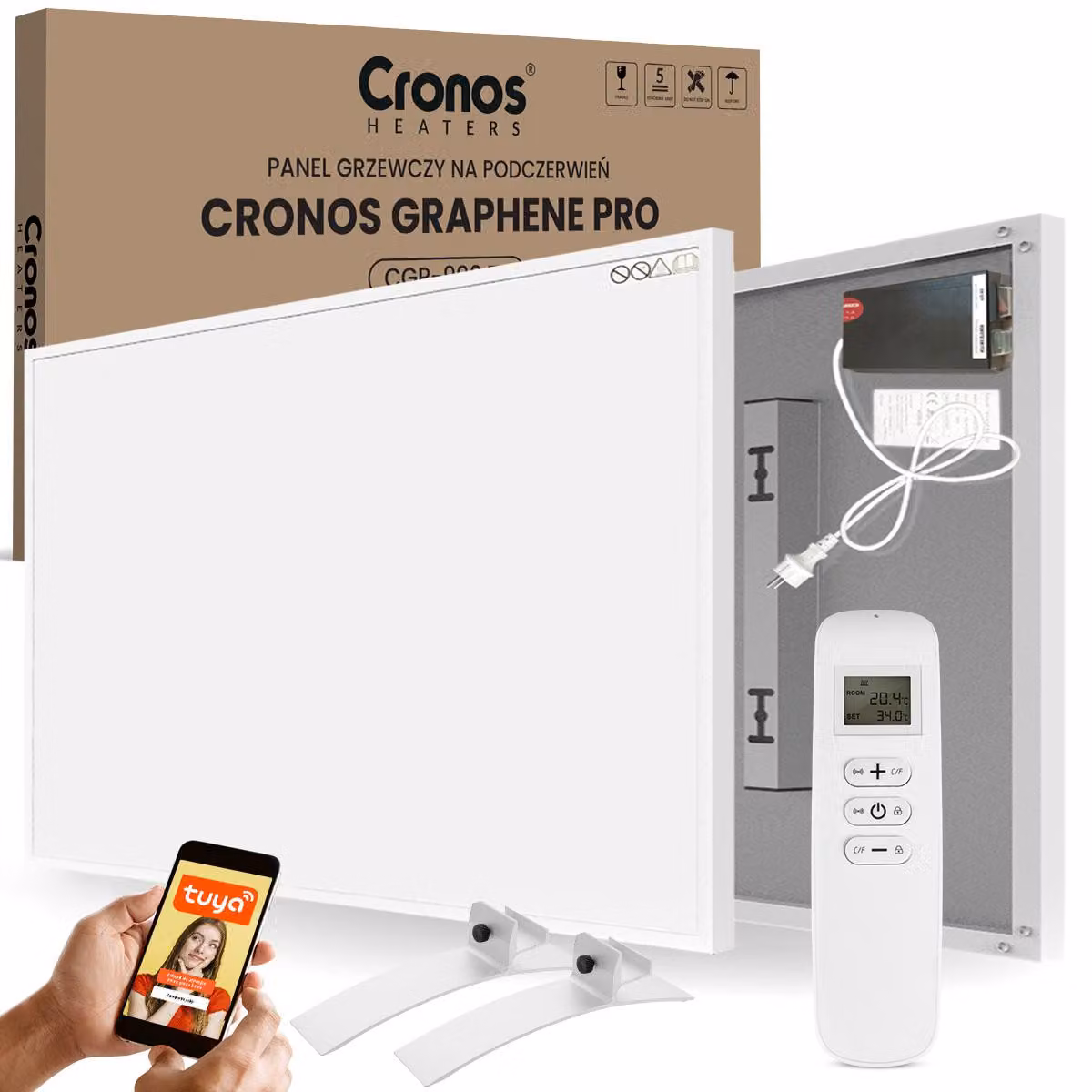 Set di pannelli riscaldanti a infrarossi CRONOS Graphene PRO CGP-900TWP, colore bianco, con supporti argentati. MARCA