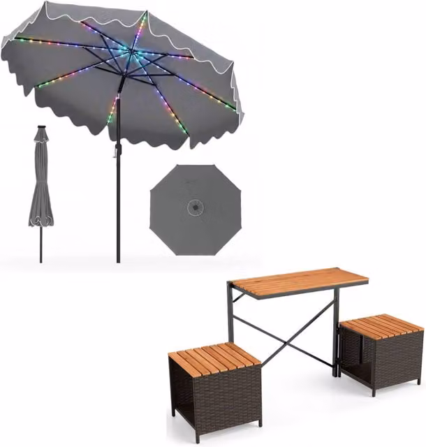 Ombrellone da esterno inclinabile 30¡ã e tavolo e sedie in rattan PE con spazio di stoccaggio, Ombrellone da giardino e set di mobili da patio Marrone
