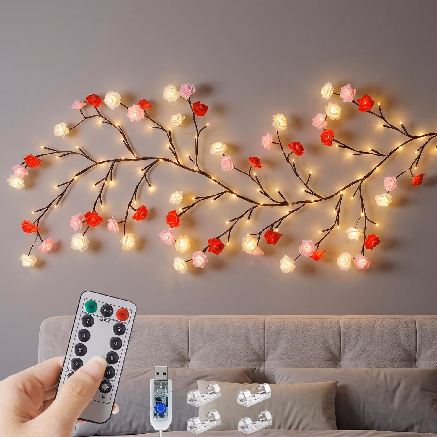 Catena luminosa a LED con rose, lunghezza 1,8 metri, 48 LED, luce bianco caldo, con telecomando