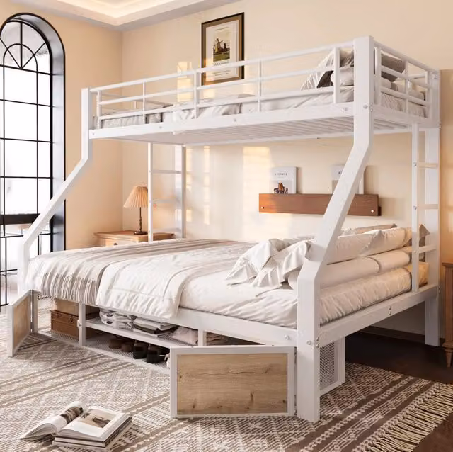 Letto a castello per bambini 90x200/140x200 cm in metallo e MDF; bianco; con scarpiera e vani portaoggetti
