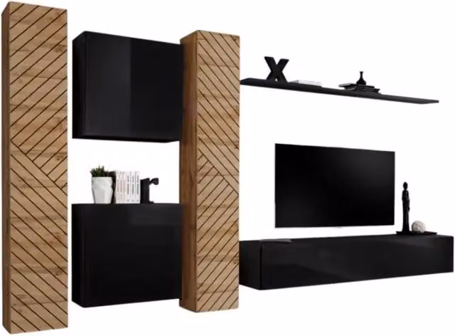 Set di mobili da soggiorno di design SWITCH VI Meublorama in rovere effetto fresato e nero lucido