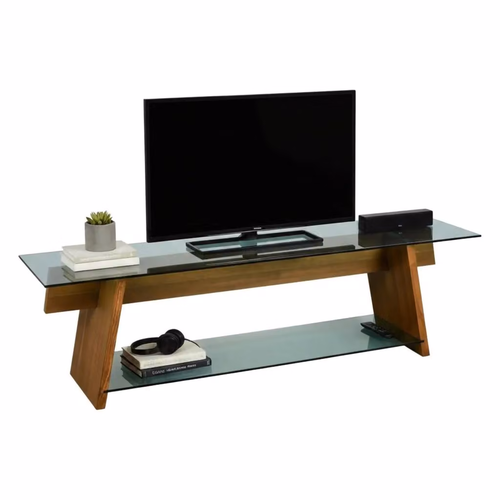 Mobile porta TV Amorosi DMORA, Credenza da soggiorno moderna in legno e vetro, Noce e Verde, L: 158 cm, P: 40 cm, H: 45 cm – 2