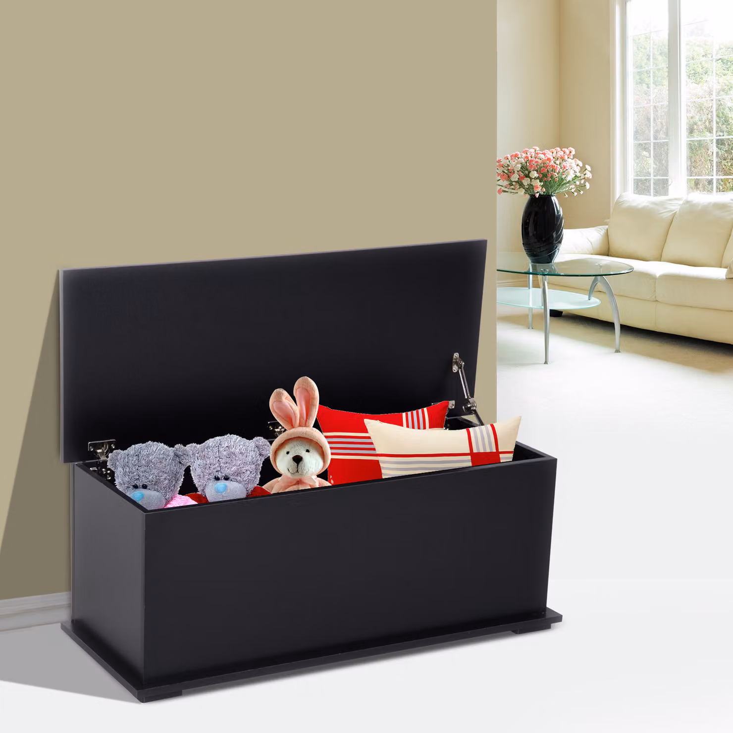 Cassapanca contenitore per giocattoli HOMCOM in legno nero con cerniera di sicurezza L 100 x P 40 x H 40 cm – 2