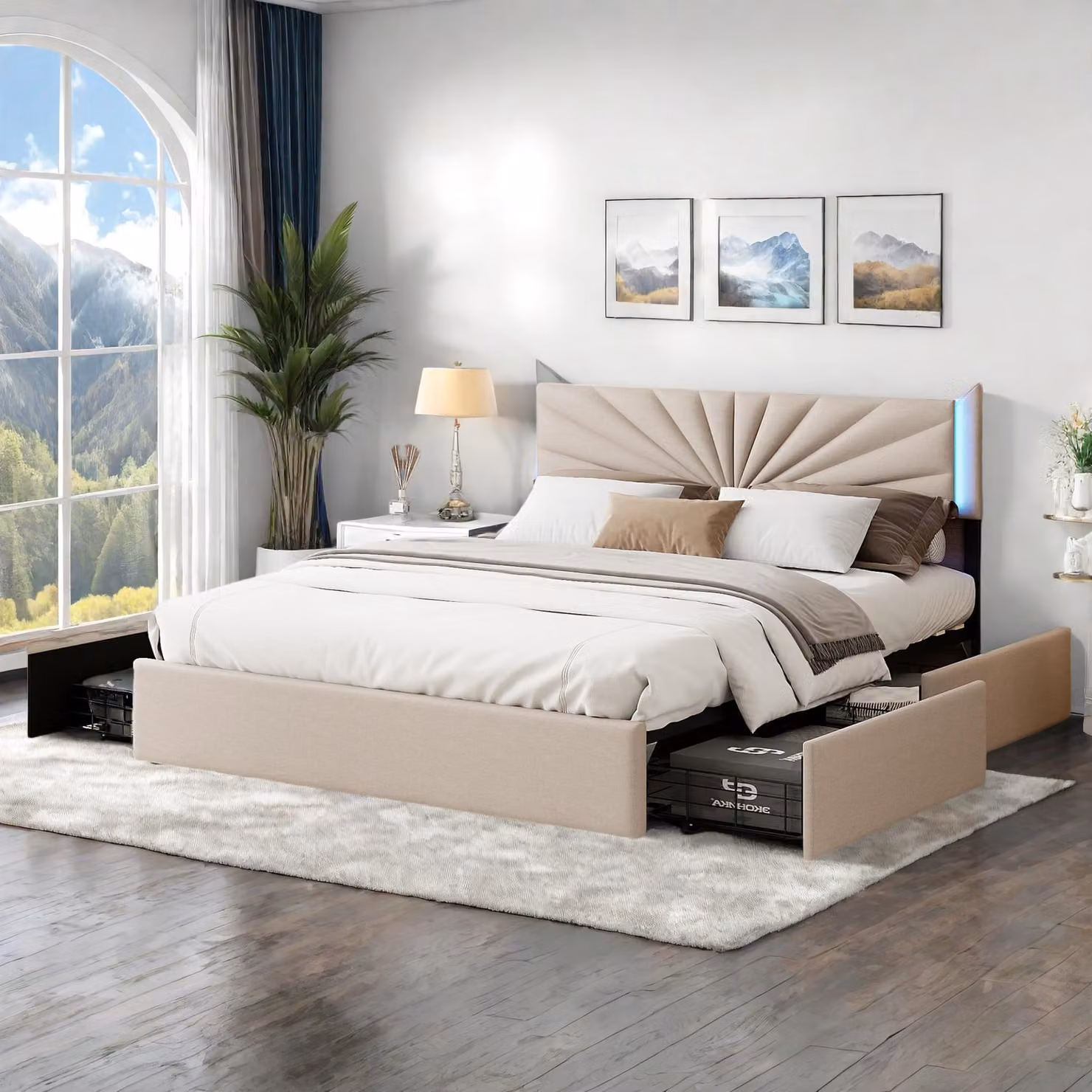 Letto matrimoniale in lino 160x200 cm con LED, robusta rete a doghe, 4 cassetti integrati, design moderno e pratico per 2 persone (senza materasso)