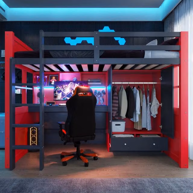 Letto a soppalco 90x200 cm in legno; stile e-sport; con LED; prese; armadio e cassetti; nero e rosso