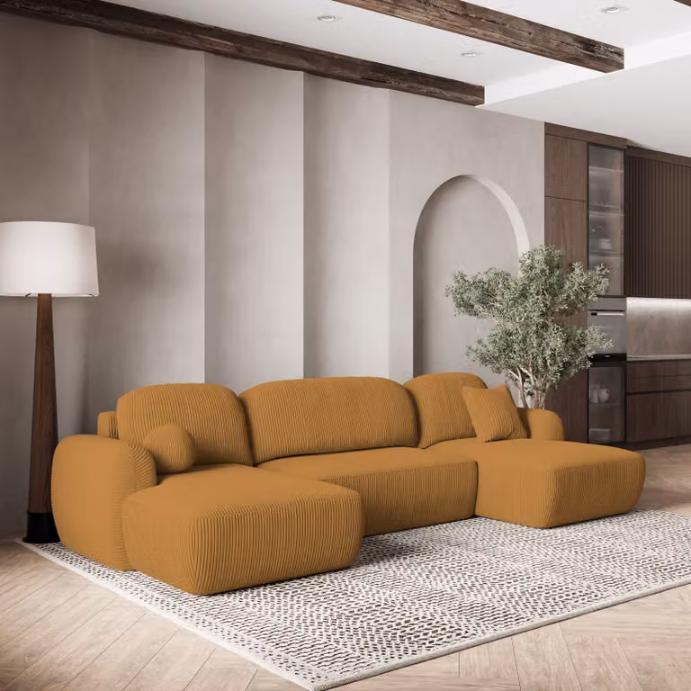 Divano angolare SAVONA P di Masseno con funzione letto a U, divano con box letto, divano da soggiorno, divano, divano letto, set di divani - giallo, POSO 01