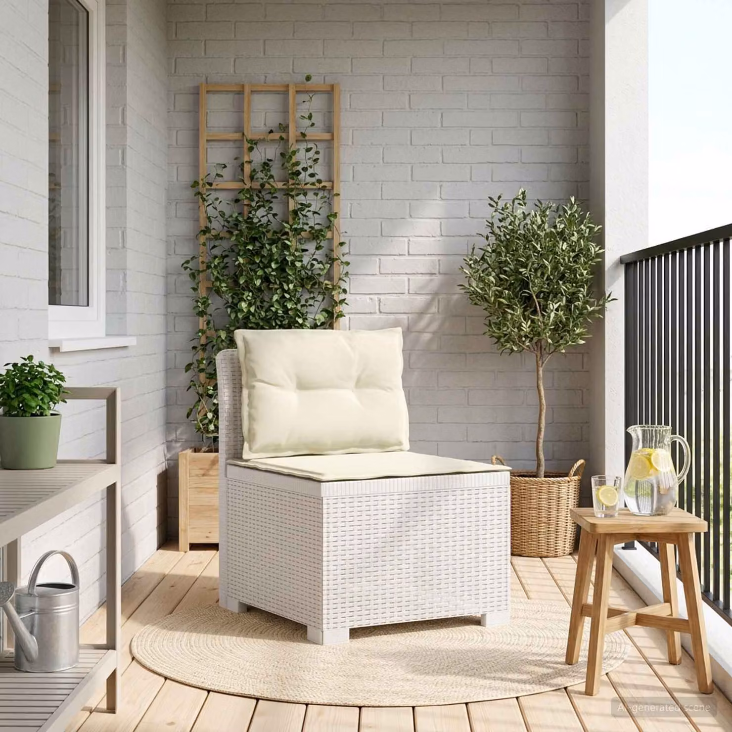 Divano da giardino singolo vidaXL con cuscini in aspetto rattan bianco