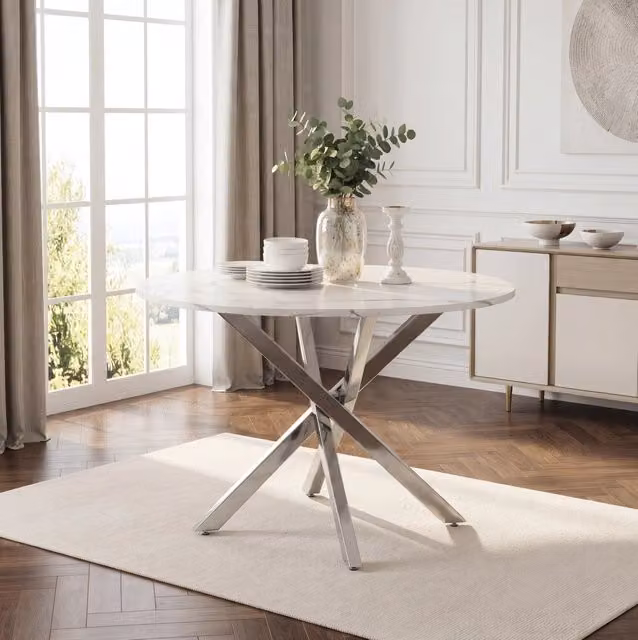 Tavolo da pranzo rotondo ULEVR ?80x75 cm con piano effetto marmo e gambe cromate argento
