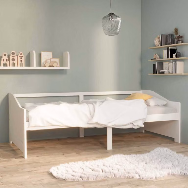 vidaXL Divano Letto a 3 Posti in Legno di Pino Massello Bianco con Tessuto e Doghe Fisse L/P: 204 x 98 x 66 cm