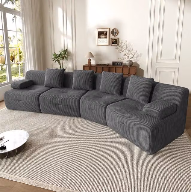 Divano modulare 4 posti in tessuto corduroy grigio scuro; 311 x 90 x 65 cm