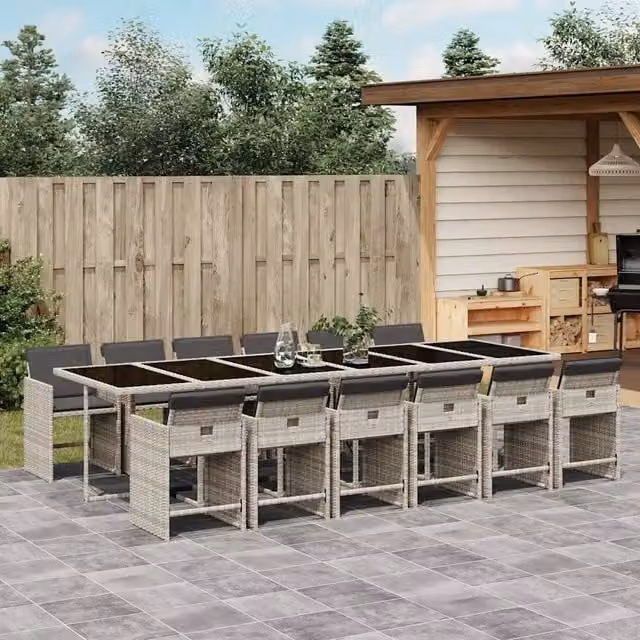 Set da pranzo da giardino vidaXL in polyrattan con cuscini e tavolo in vetro, 13 pezzi, antracite – 1