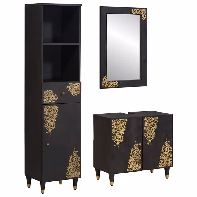 Set di 3 mobili da bagno vidaXL in legno di mango massello stile rustico, colore nero e oro, comprensivo di base lavabo, colonna e armadietto con specchio