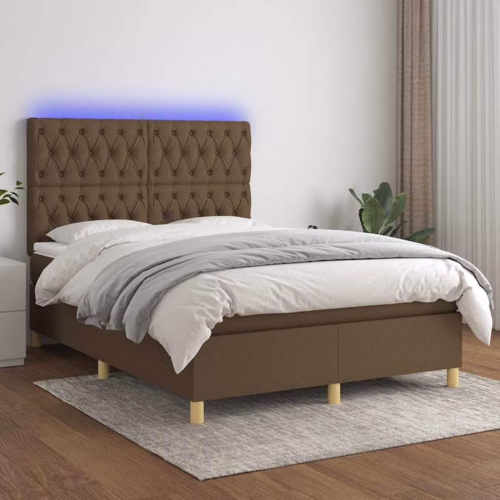 The Living Store Letto a molle con materasso e LED in tessuto marrone scuro 140x190 cm