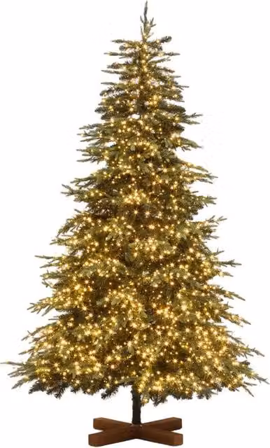 Albero di Natale artificiale Deluxe Leroy Merlin verde con luci LED bianco caldo in PVC e legno H 195 cm x ø 120 cm