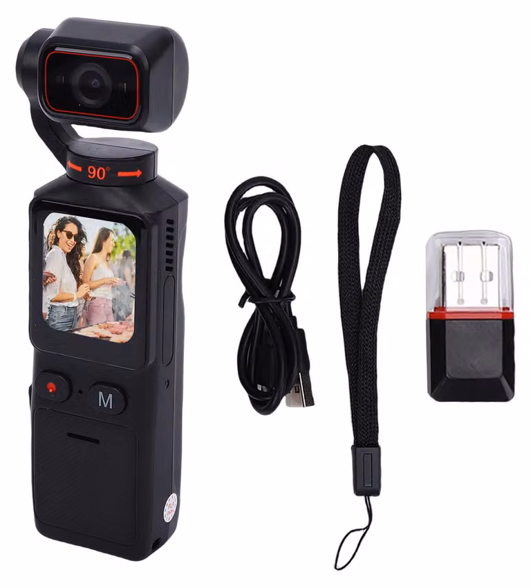 Videocamera portatile 4K HD con grandangolo da 140°, touchscreen e stabilizzatore d'immagine, con obiettivo orientabile a 180° e app dedicata per i viaggi all'aria aperta