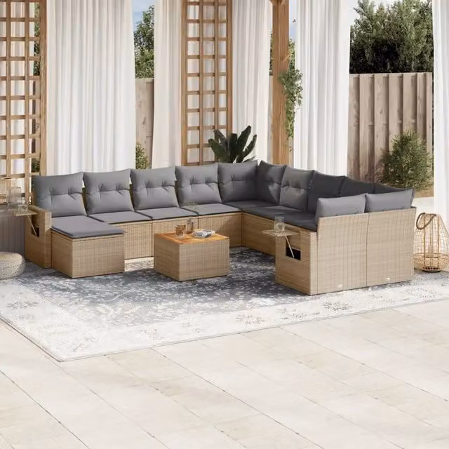 Set Divano da Giardino a L VIDAXL in Polyrattan Beige con Cuscini, 12 Posti