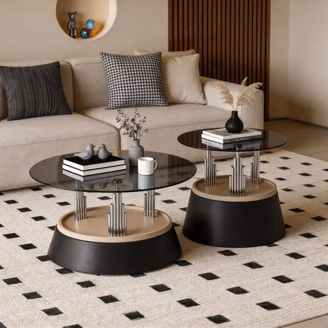 Set 2 Tavolini da Salotto Nidificanti con Piano in Vetro Temperato e Struttura in Metallo, Design Moderno Salvaspazio