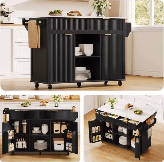 Isola da cucina su ruote con piano ribaltabile; 2 cassetti e 2 ante; nero; 120x45(69) cm