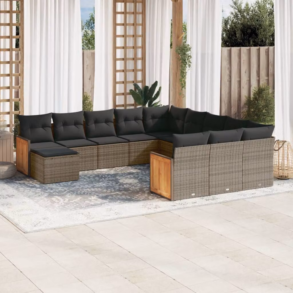 Set di divani da giardino vidaXL in polyrattan grigio con cuscini, forma a U, 12 pezzi