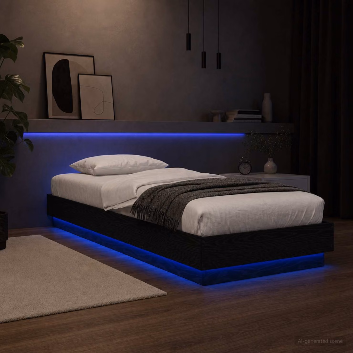 Letto moderno vidaXL in legno ingegnerizzato con illuminazione LED e porta USB, Rovere e Nero, L 200 x P 80 x H 83 cm