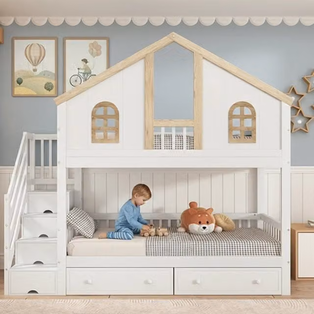 Letto a castello per bambini 90x200 cm in pino e MDF; bianco e naturale; con scala contenitore e cassetti