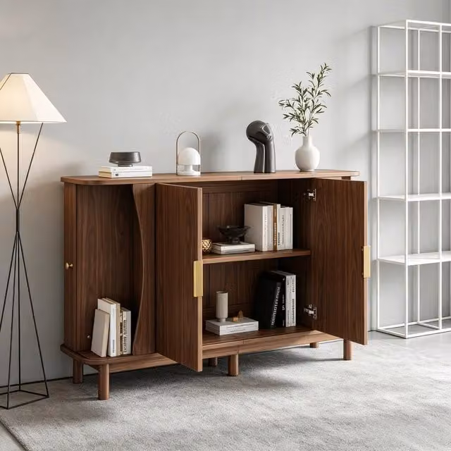 Cassettiera Minimal con 2 ante scorrevoli in MDF colore noce per soggiorno o ingresso L: 140 cm, P: 40 cm, H: 88 cm