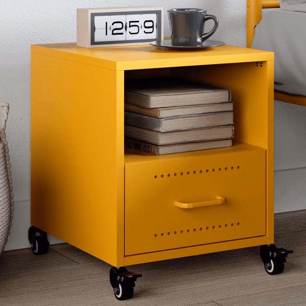vidaXL Comodino Moderno in Metallo Giallo con Ruote L/P/H: 36 x 39 x 43,5 cm
